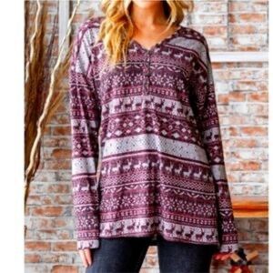 HEIMISH USA Red and Gray Oversized Long Sleeve Blouse